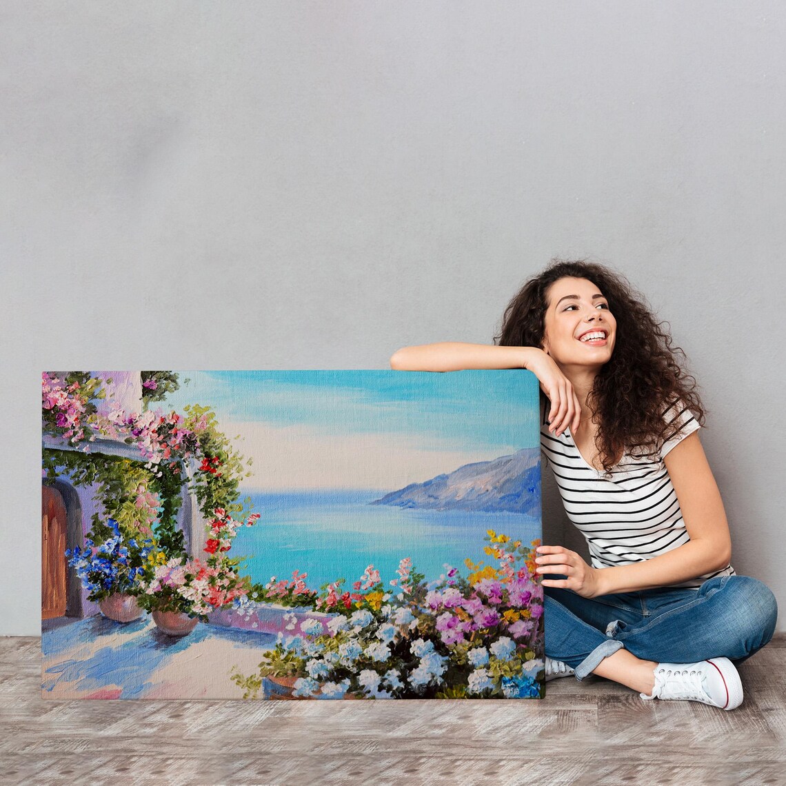 Coastal Terrace Flower Arch Mediterranean Sea View Art Print - Image 4