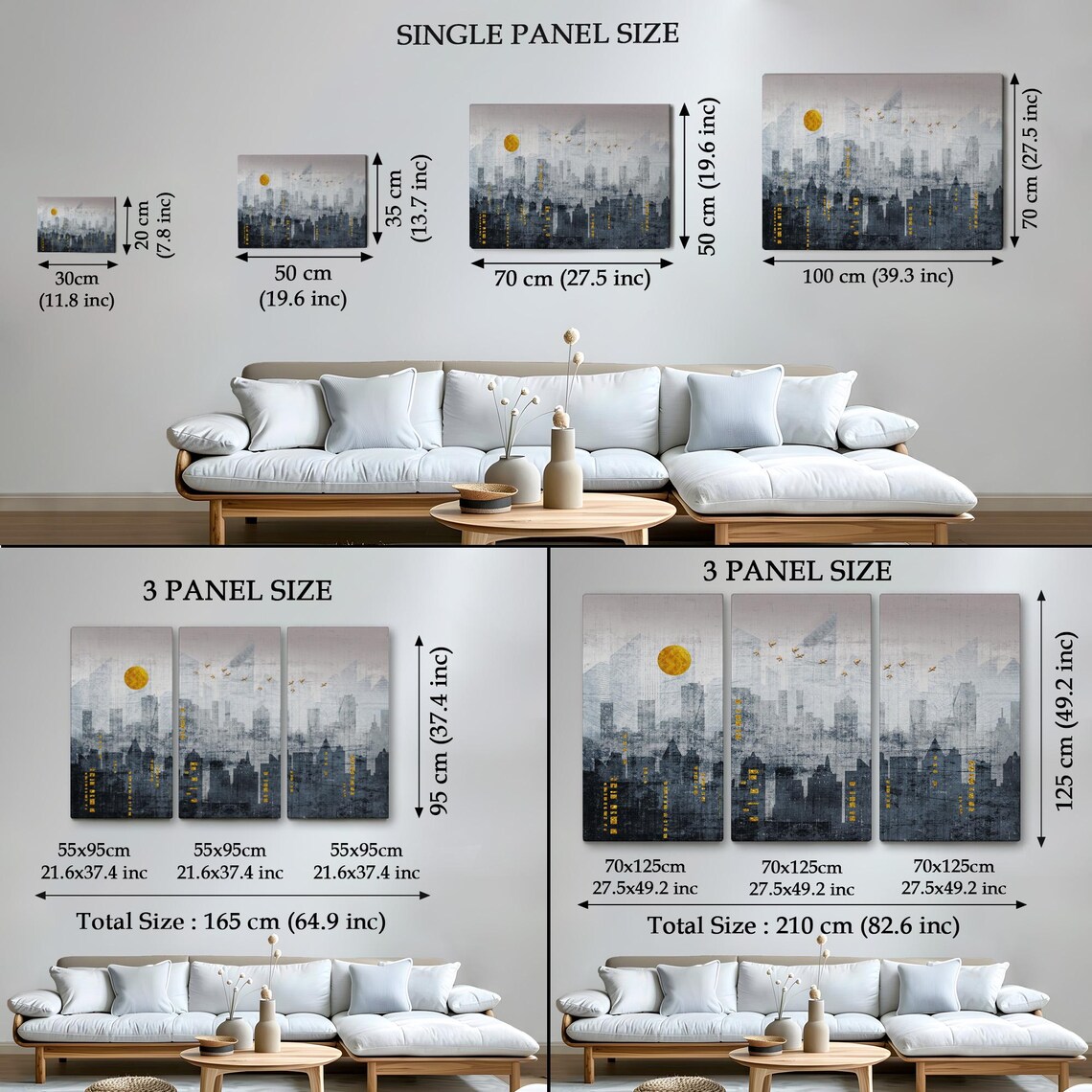 Gray Modern City Skyline Silhouette Gold Sun Night Lights Wall Art - Image 4