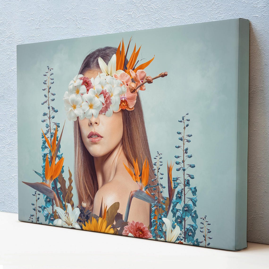 Woman Portrait Hidden Behind Tropical Orchid Bloom Collage Wall Art