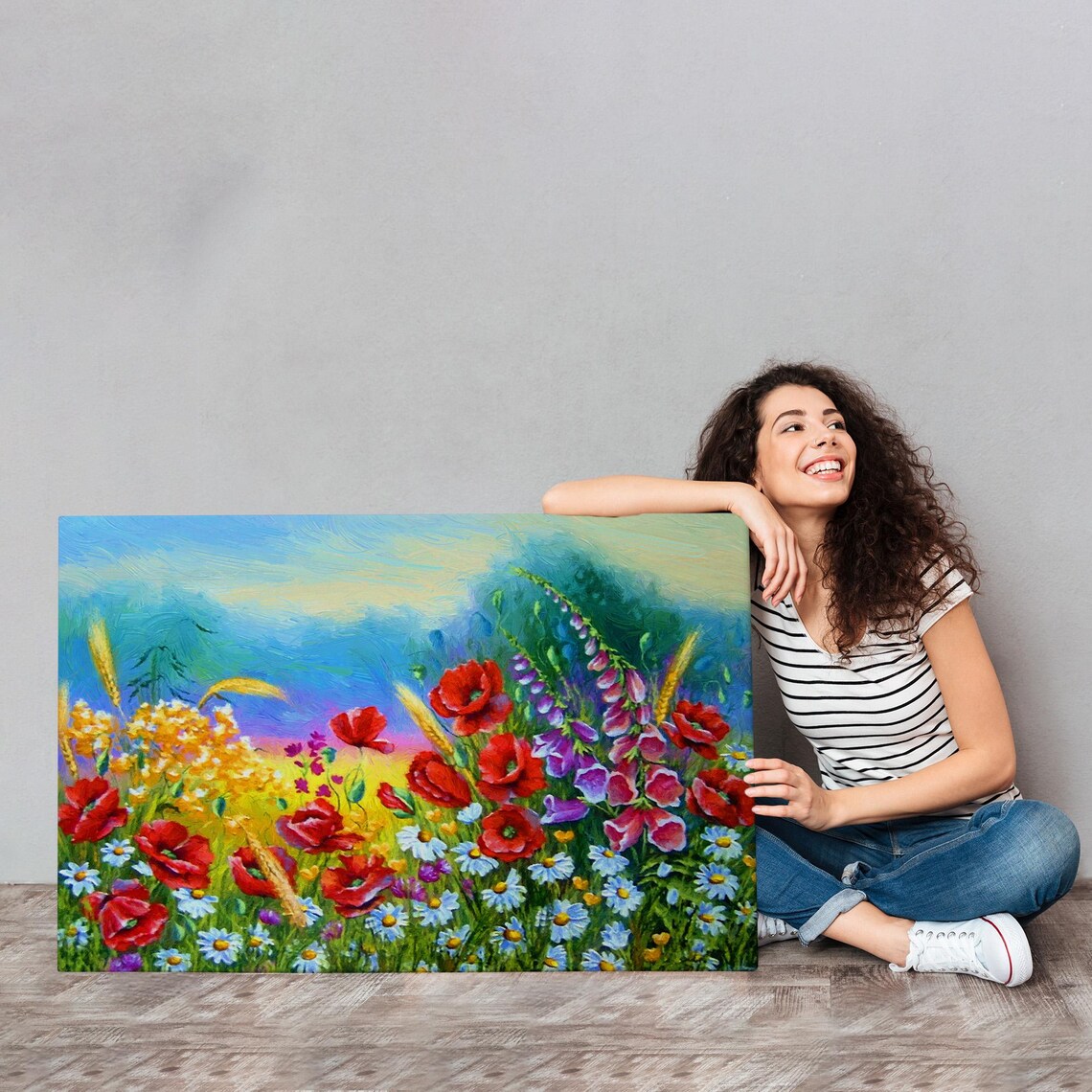 Colorful Wildflower Meadow Poppies Daisies Oil Style Blooming Print - Image 4
