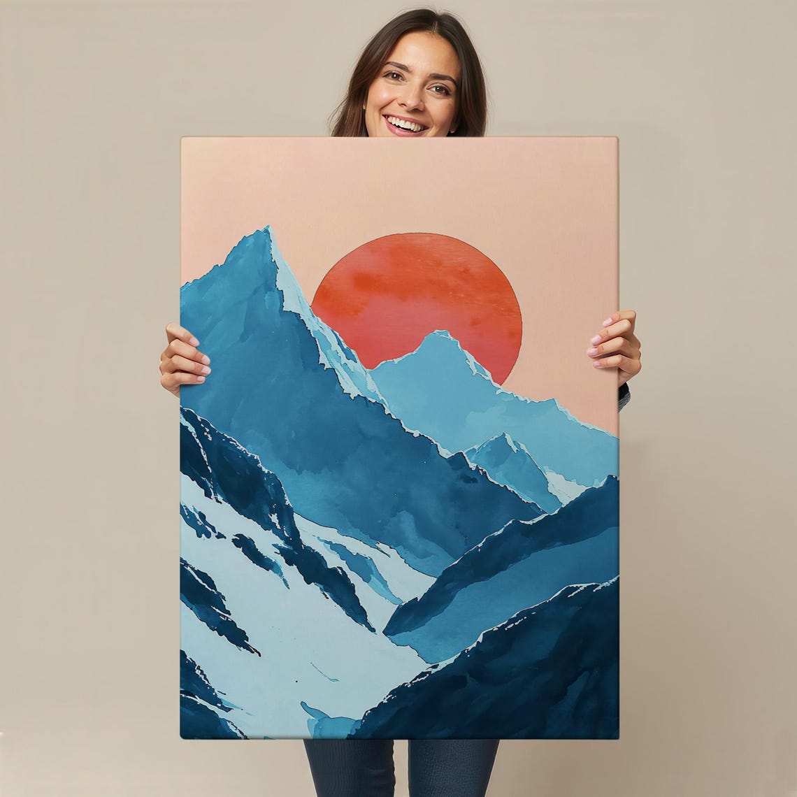 Minimalist Red Sun Blue Mountain Peaks Japanese Style Wall Art - Image 4