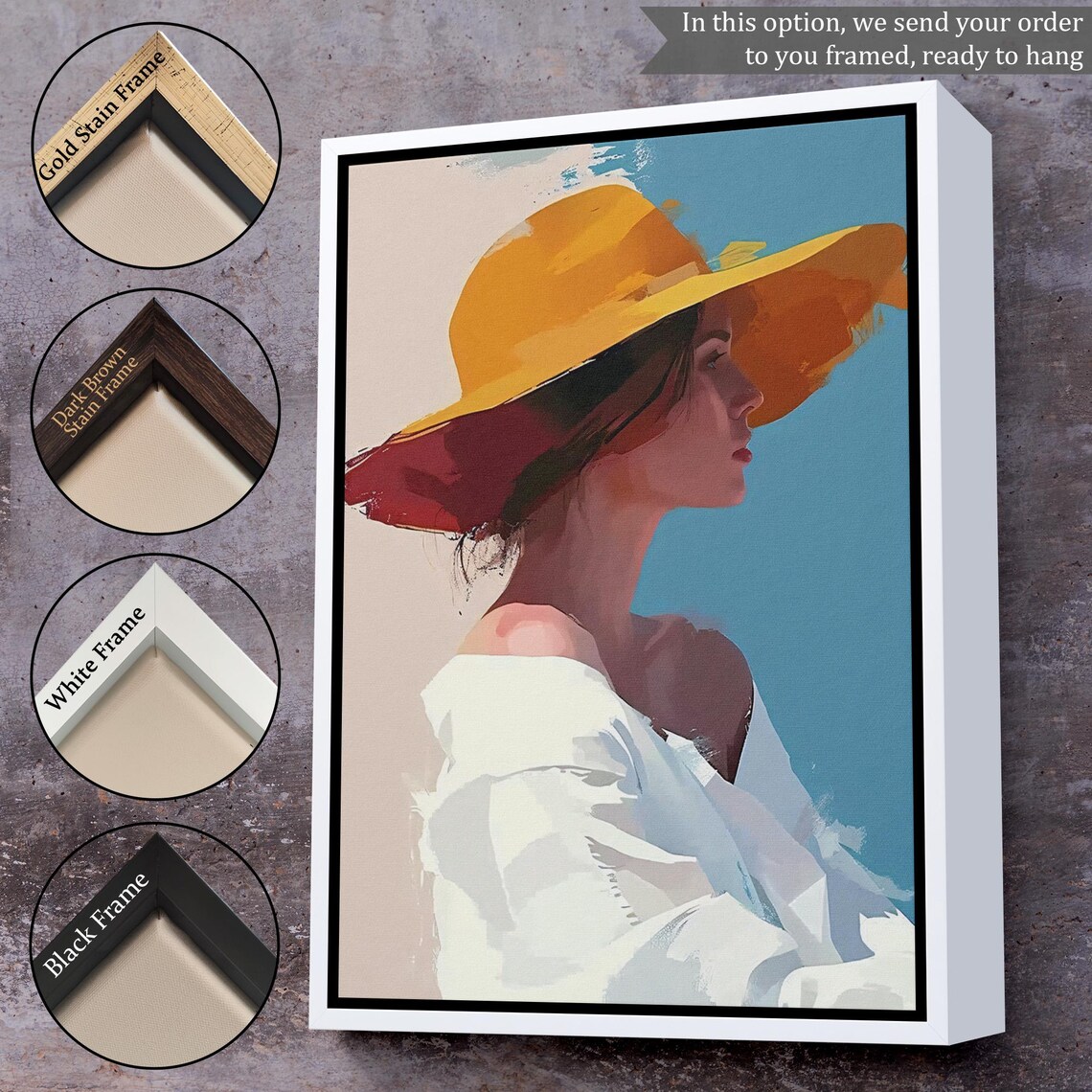 Woman In A Yellow Wide Brim Hat Profile Minimalist Portrait Wall Poster - Image 3