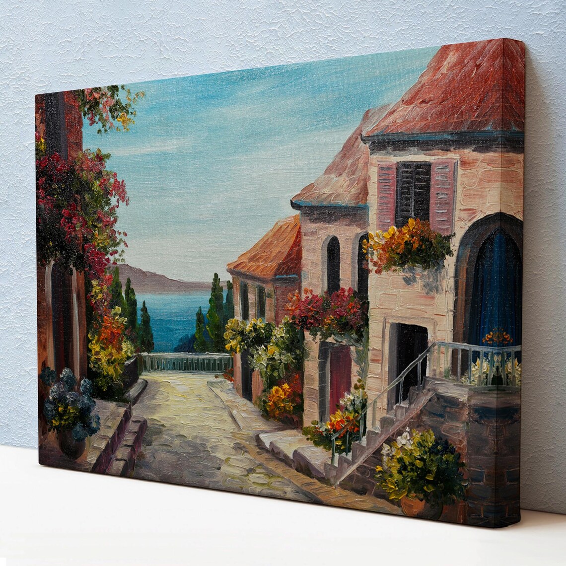 Mediterranean Coastal Town Flower Street Old Town Sea View Poster
