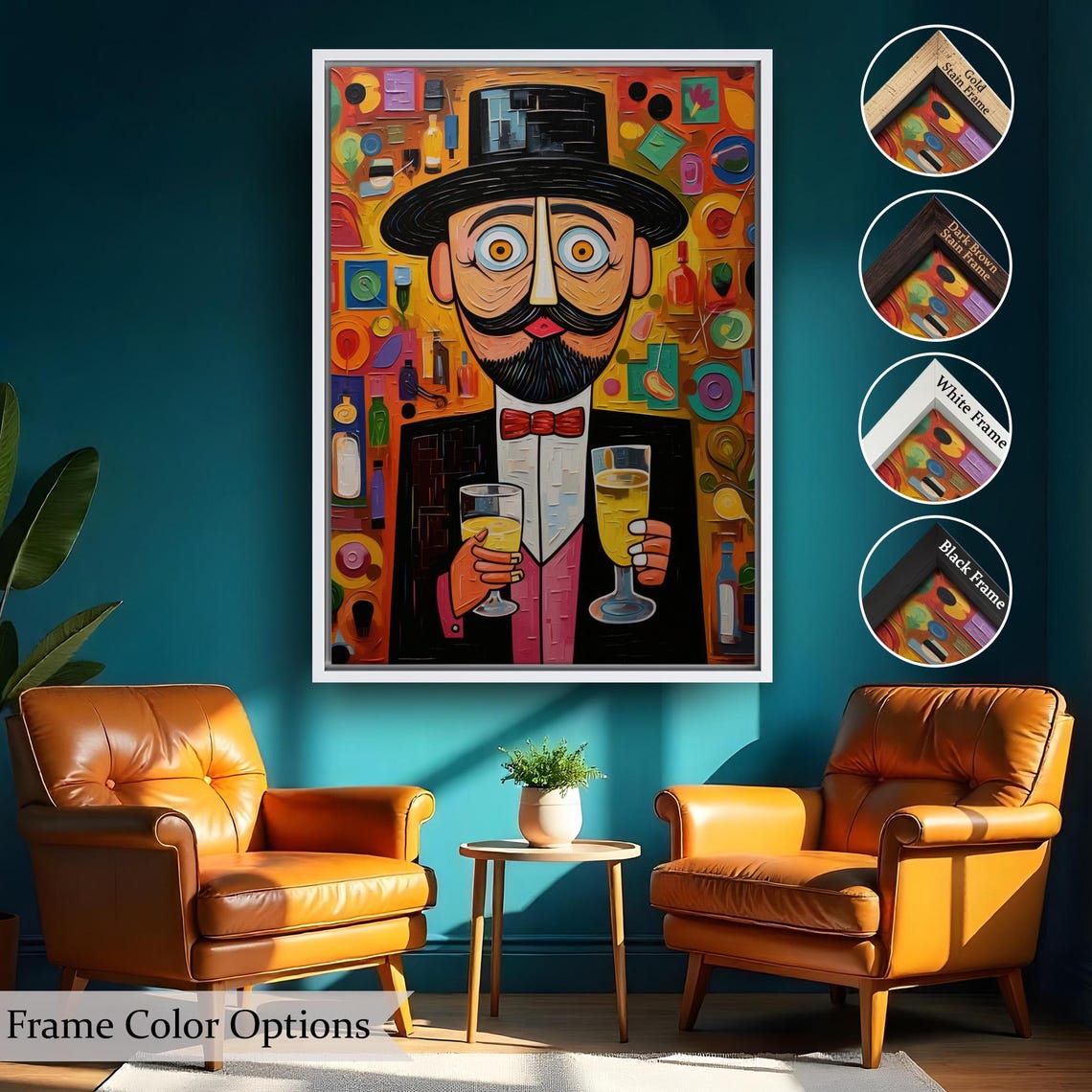 Cubist Mustached Gentleman Top Hat Champagne Whimsical Bar Wall Art - Image 2