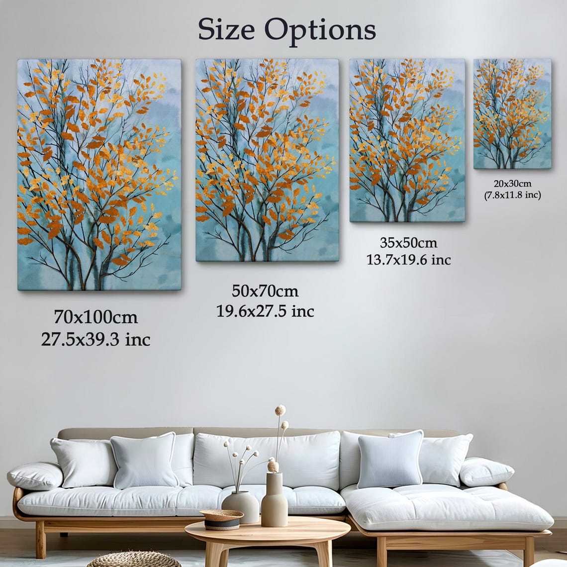 Golden Autumn Leaves Bare Branches Soft Blue Watercolor Tree Poster - Image 4