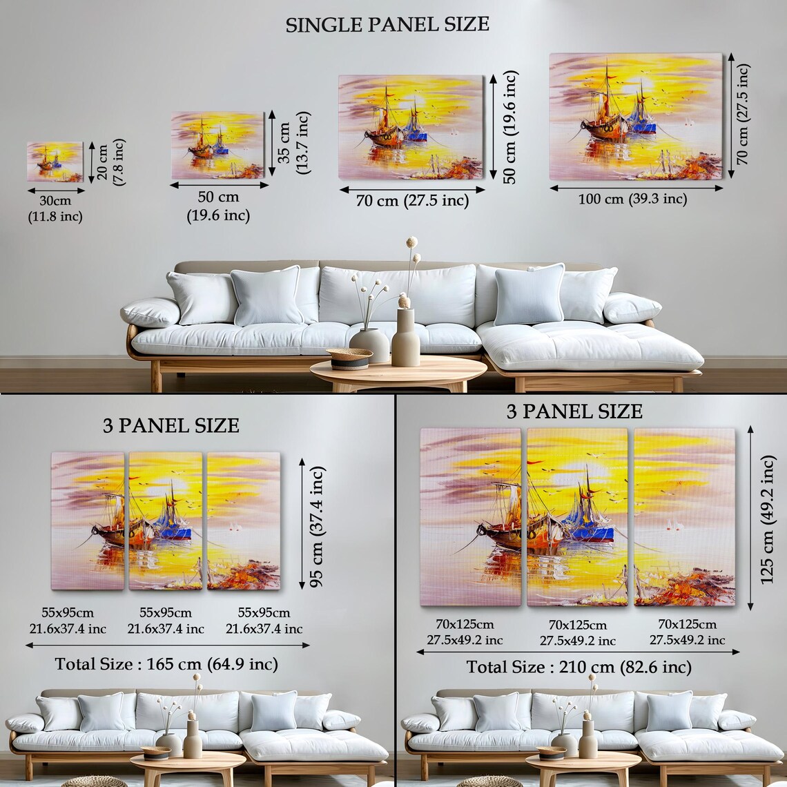 Two Sailboats Moored at Golden Sunset Seagull Sky Seascape Wall Art - Image 4