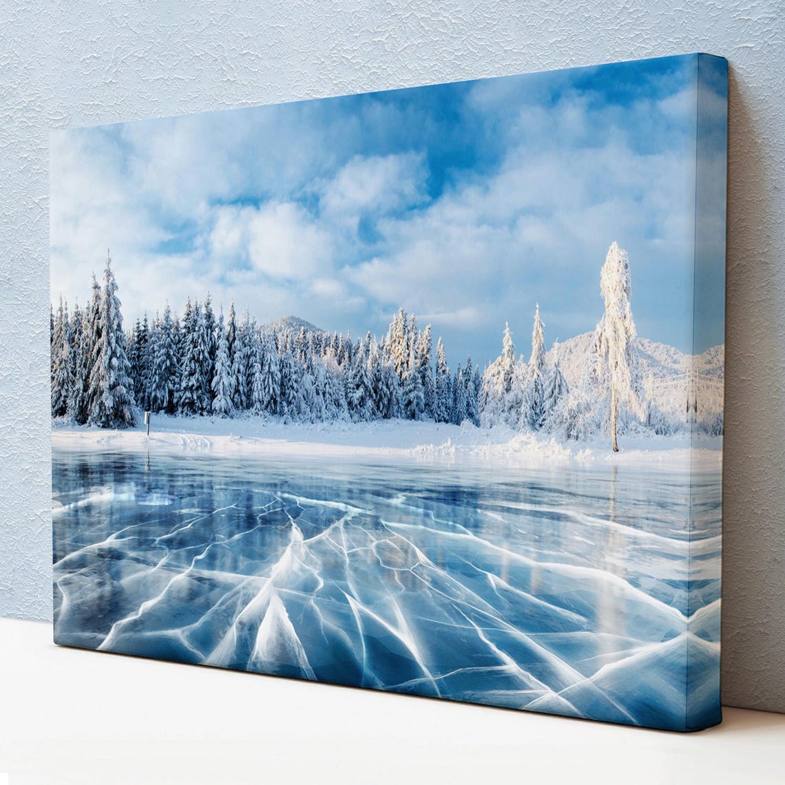 Frozen Lake Cracked Ice Winter Landscape Snowy Pines Photo Poster