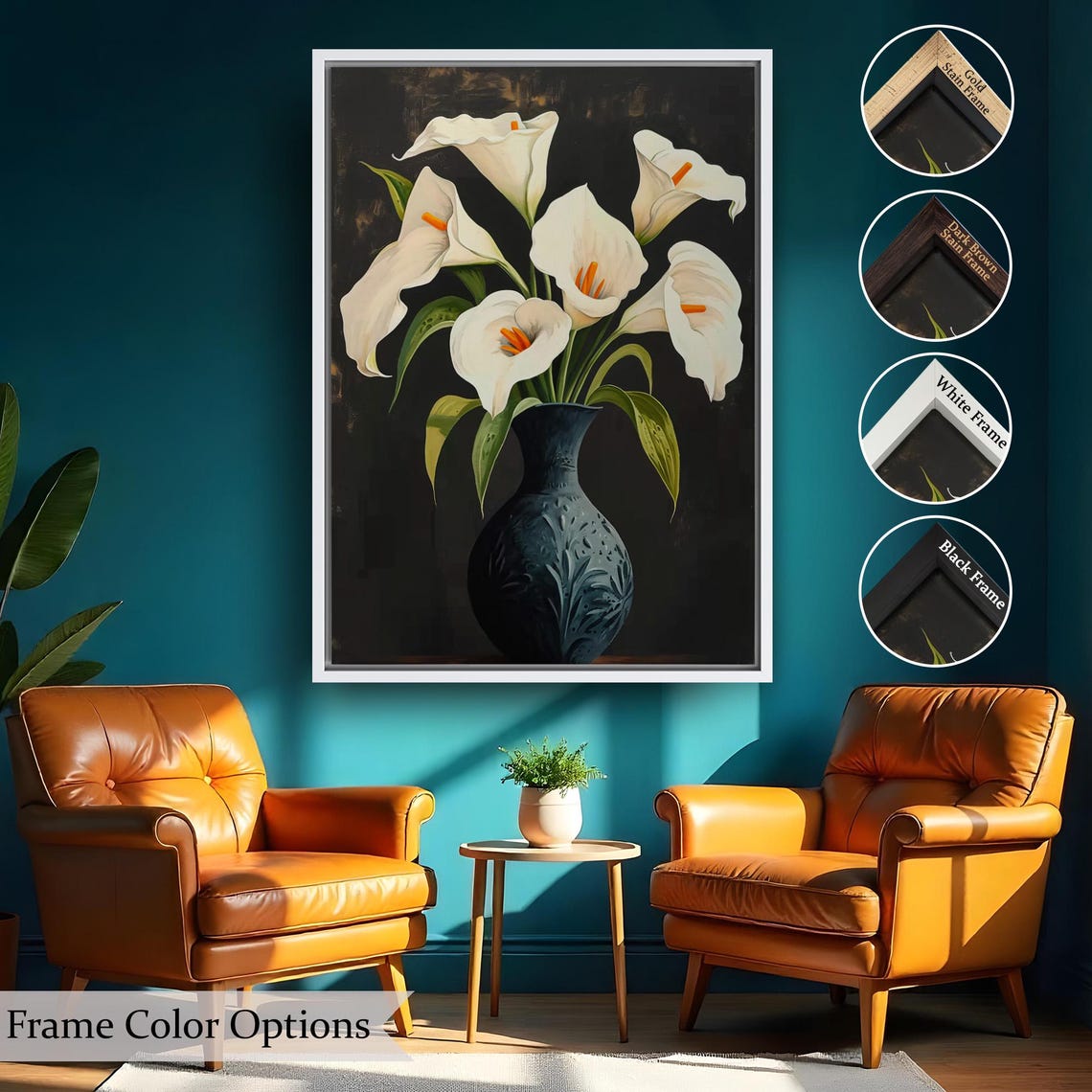 White Calla Lilies Dark Vase Elegant Floral Still Life Canvas Poster - Image 2