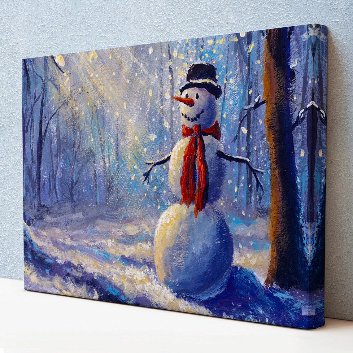 Snowman Illuminated By Sunrays In The Forest Painting Landscape Wall Table Nature Art Nature Wall Decor