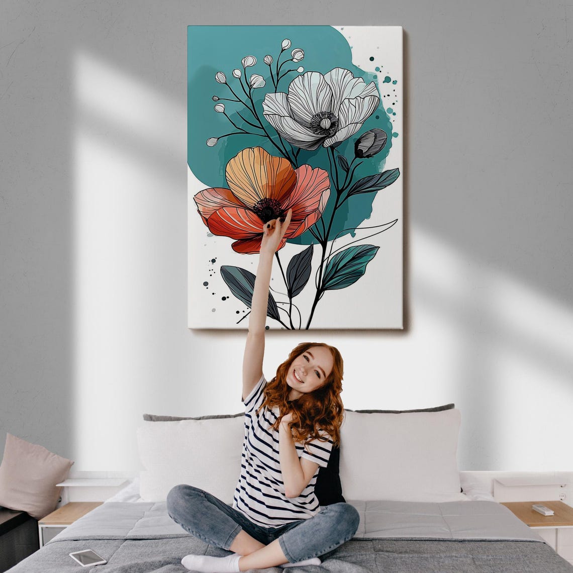 Orange White Poppy Flowers Modern Line Art Teal Botanical Poster - Image 3