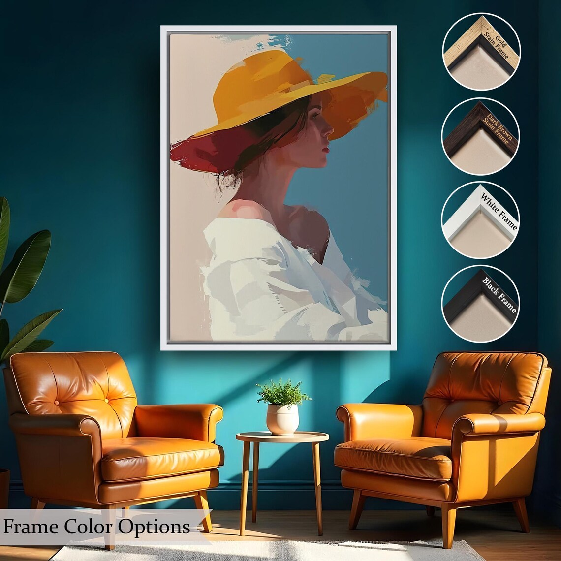 Woman In A Yellow Wide Brim Hat Profile Minimalist Portrait Wall Poster - Image 2