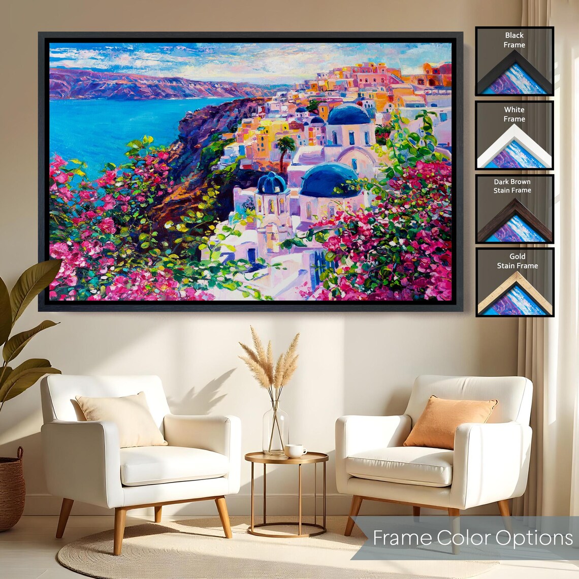 Santorini Greece Blue Domes Bougainvillea Caldera View Colorful Poster - Image 2