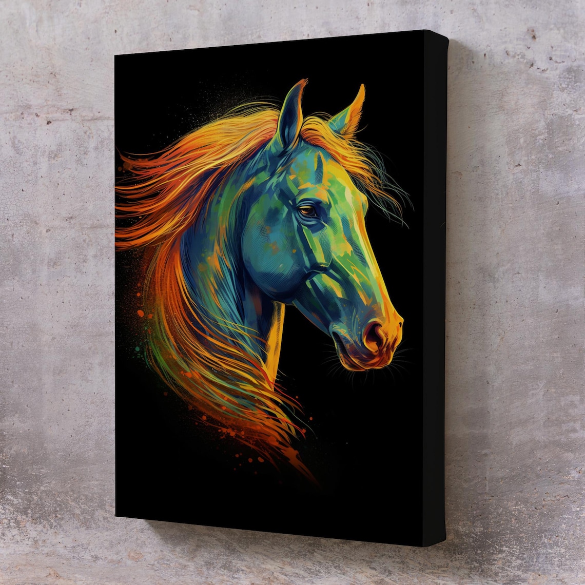 Fiery Mane Colorful Horse Head Portrait Neon Pop Animal Art Poster