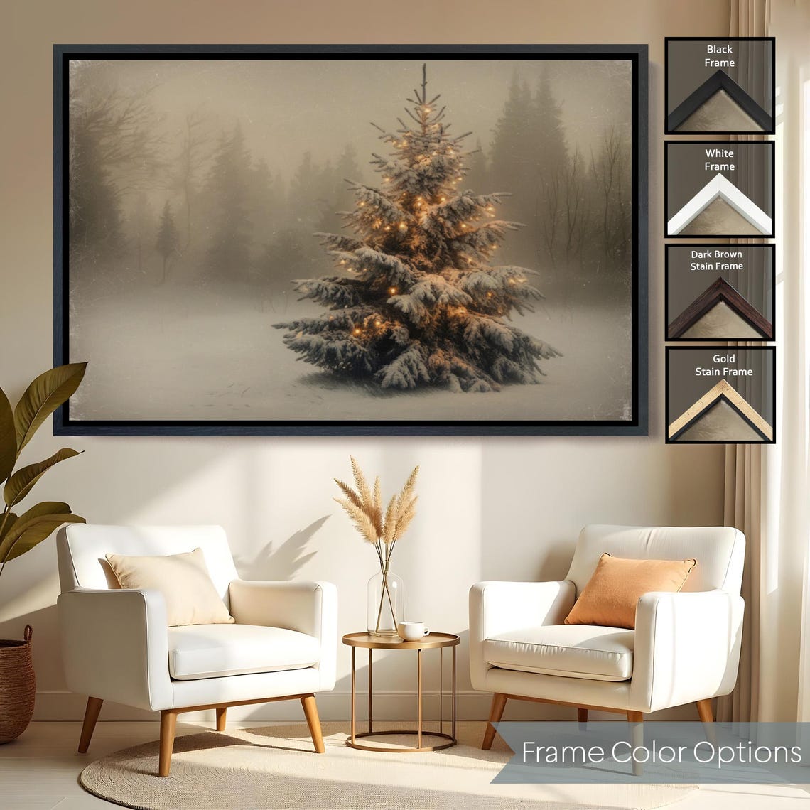 Snowy Christmas Tree Glowing Lights Misty Winter Forest Vintage Poster - Image 2