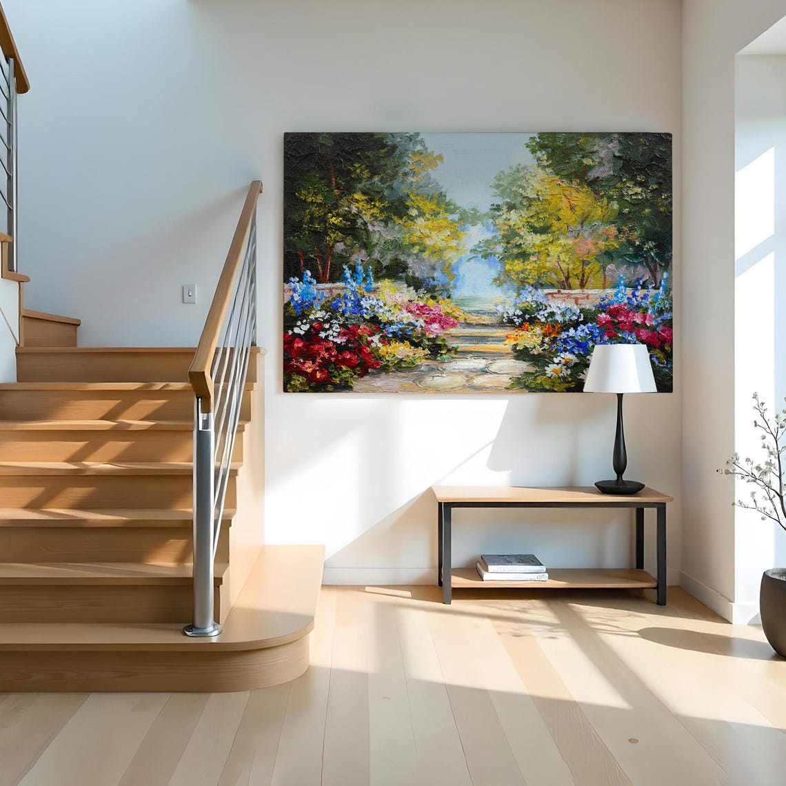 Sunlit Garden Path Blooming Flowers Stone Steps Oil Painting Print - Image 2