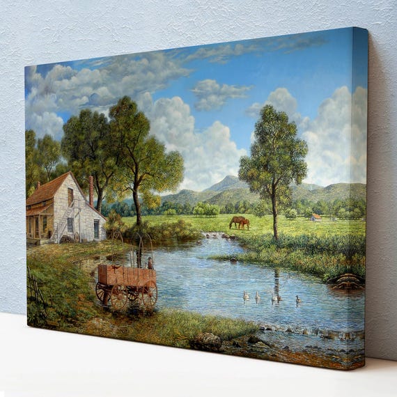 Village And Stream Landscape Decorative Wall Painting Nature Wall Decor Nature Art Landscape Wall Table