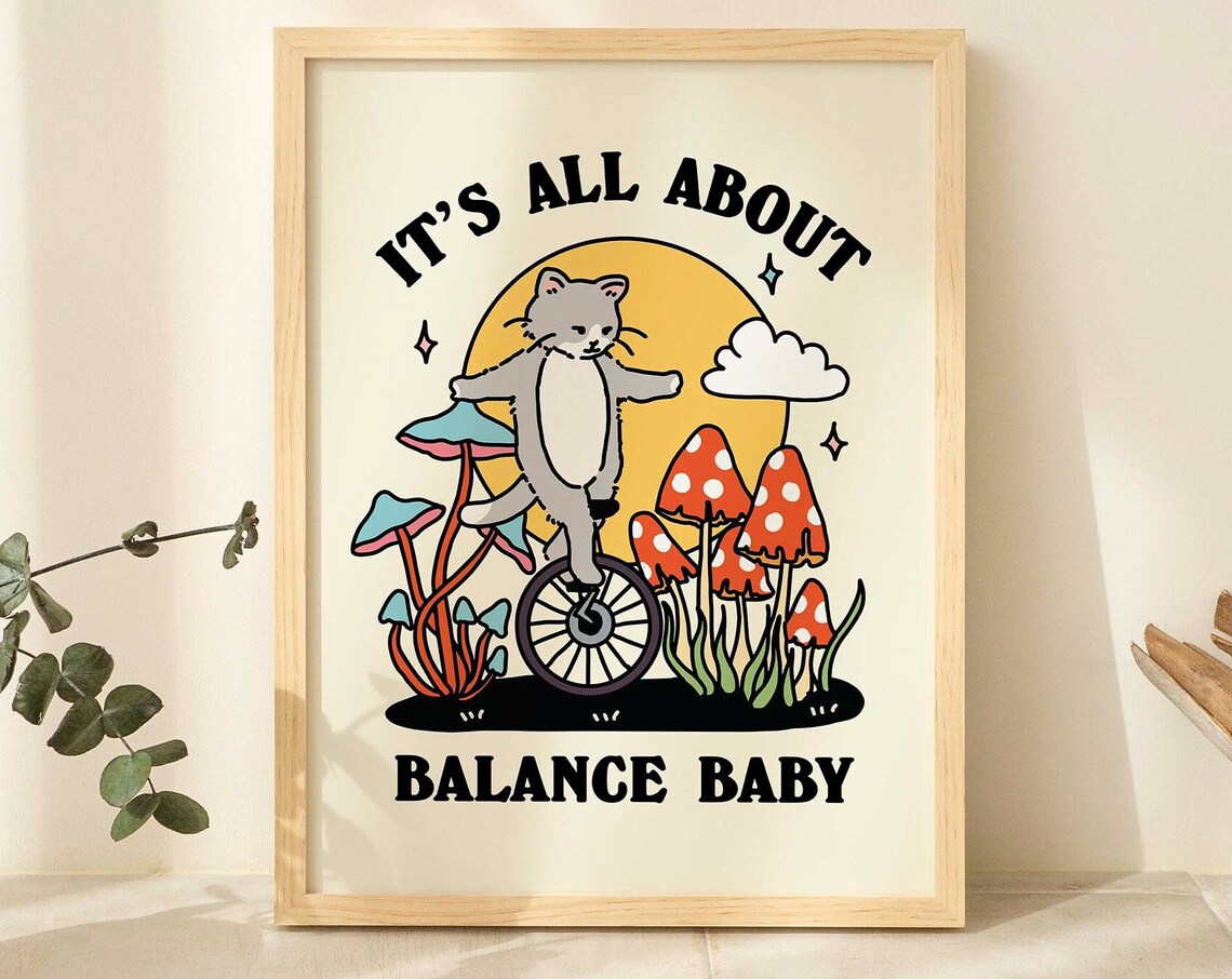 Balance Cat Quote Poster, Retro Cottagecore Style