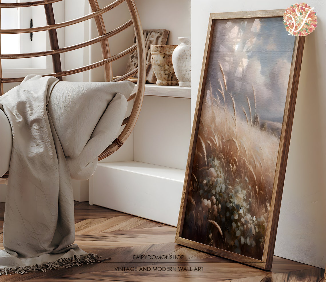 Golden Wheat Field Wildflowers Dramatic Sky Oil Painting Poster - Image 3