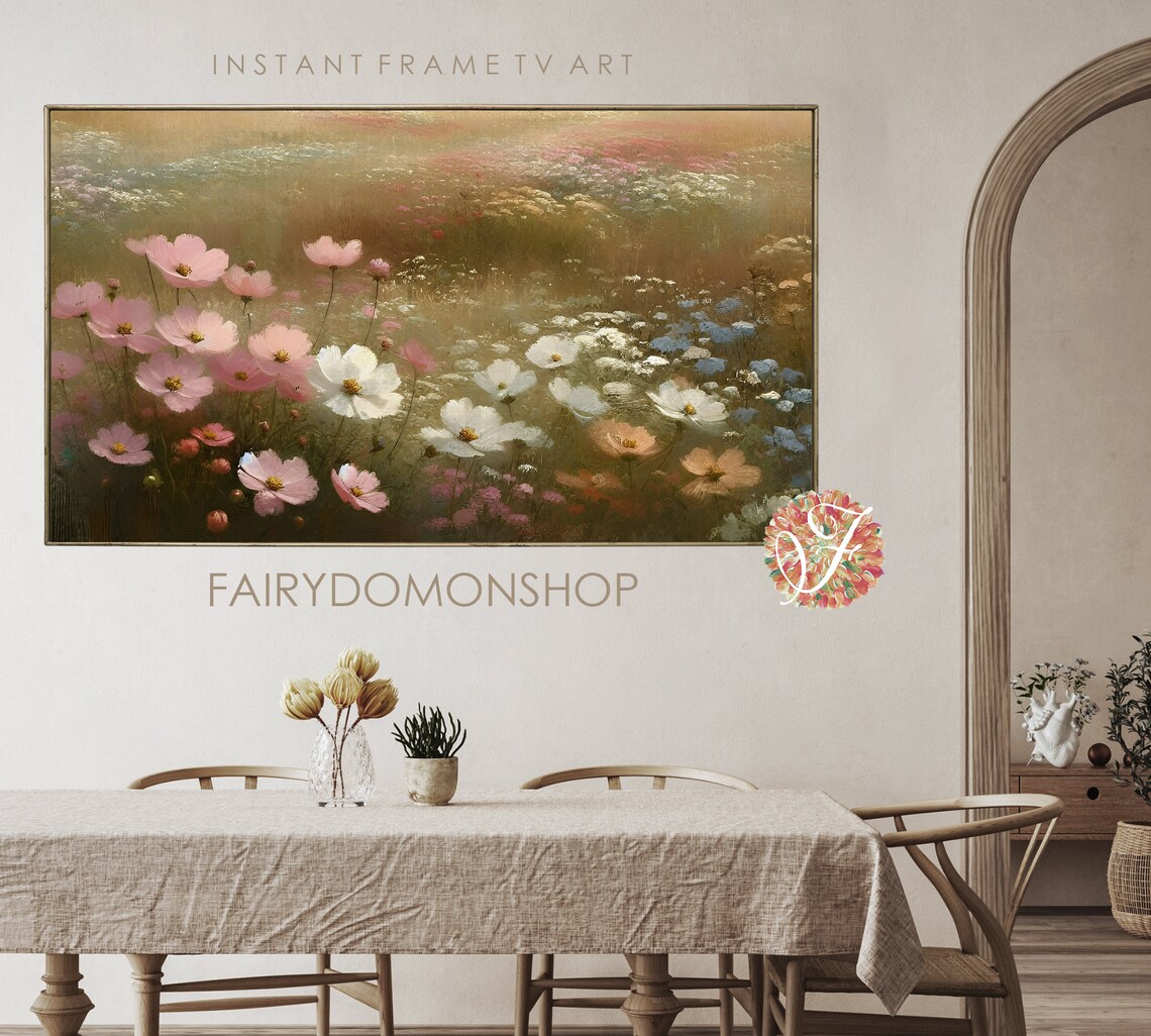 Pink Cosmos Flower Field Wide Golden Meadow Oil Painting Poster - Image 2