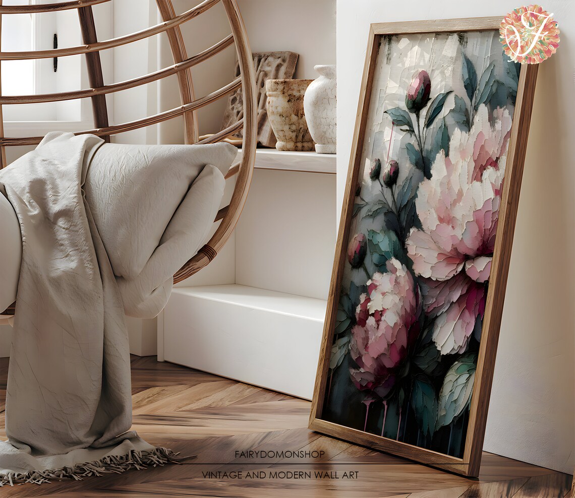 Blooming Pink Peonies Buds Vintage Botanical Oil Painting Poster - Image 3