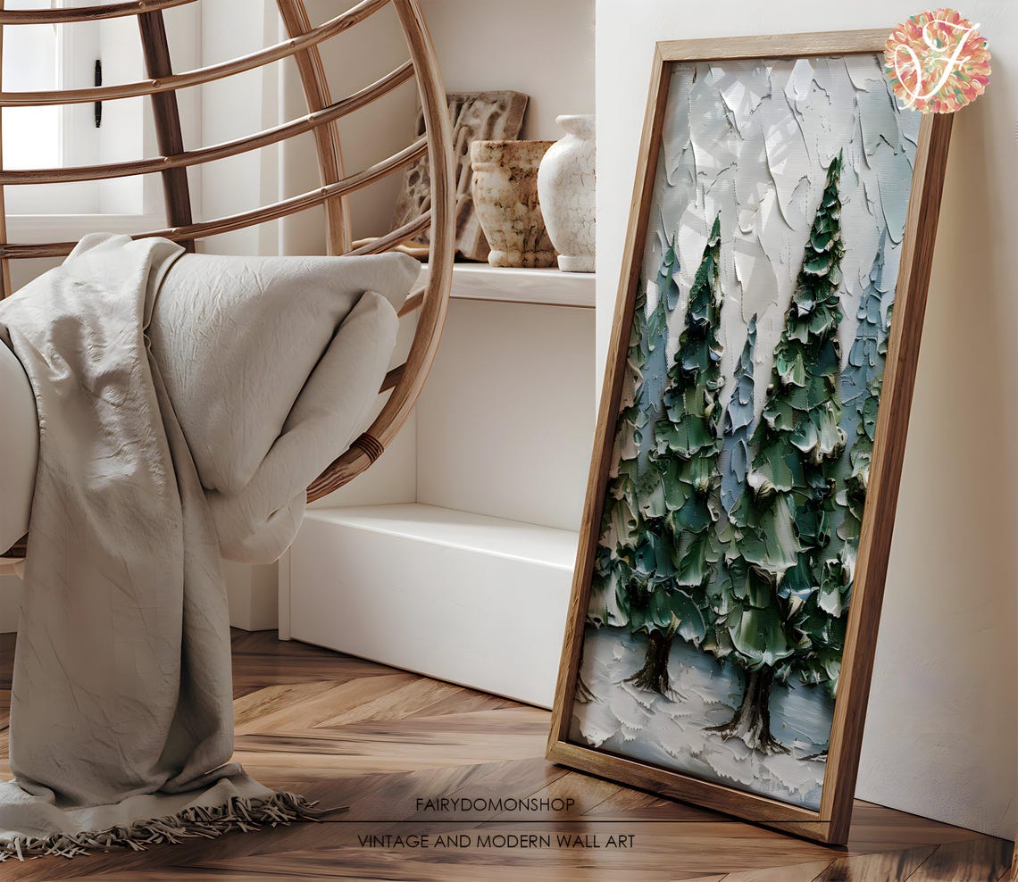 Textured Pine Forest Winter Poster Impasto Snowy Evergreen Trees Decor - Image 3
