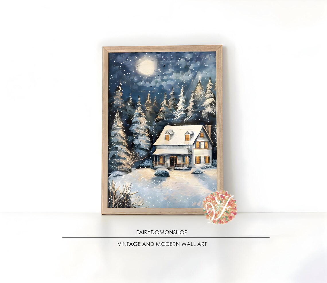 Snowy Farmhouse Moonlit Night Poster Winter Forest Christmas Decor Art