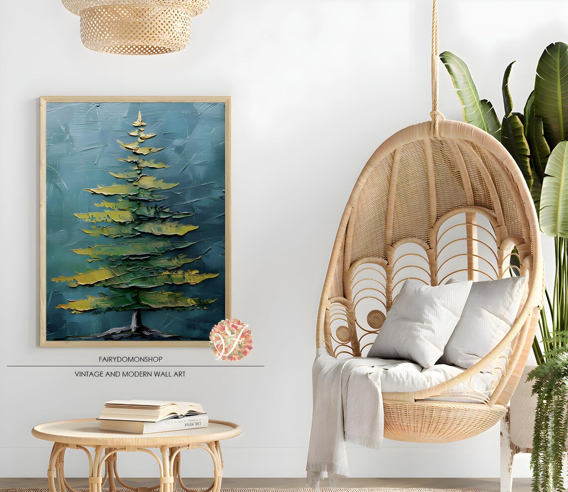 Dark Fir Tree Impasto Poster Moody Green Gold Modern Winter Decor Art - Image 2