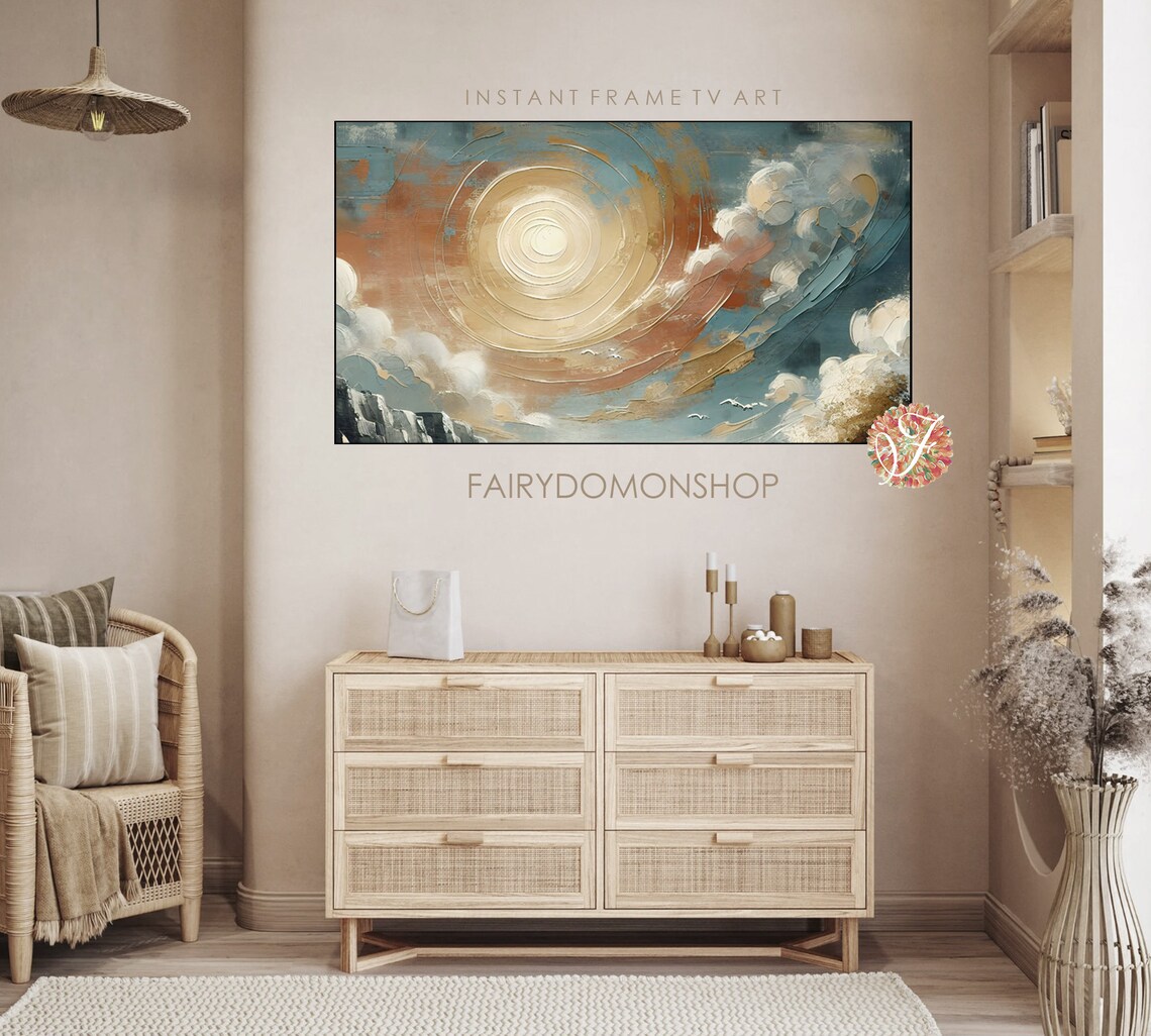 Radiant Sun Swirling Clouds Seagulls Blue Sky Oil Painting Poster - Image 3