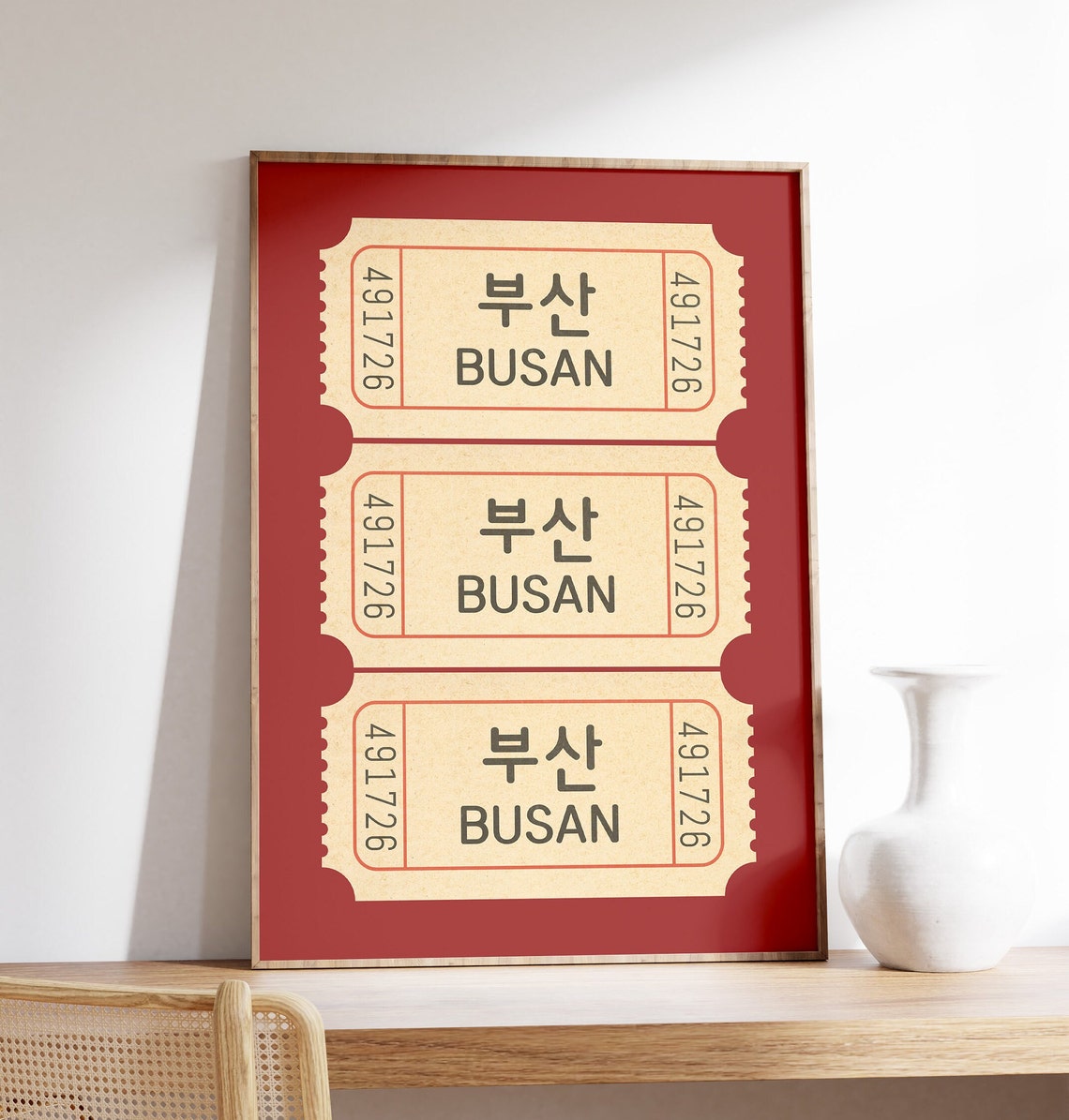 Busan Ticket Print Red Background Korean Wall Art Wanderlust And Travel South Decor Retro Poster