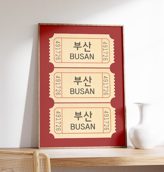 Busan South Korea Retro Train Ticket Trio Red Vintage Poster