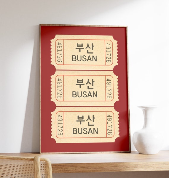 Busan Ticket Print Red Background Korean Wall Art Wanderlust And Travel South Decor Retro Poster
