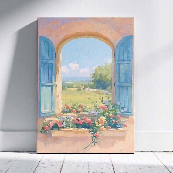 Open Arched Window Blue Shutters Flower Boxes Sunny Countryside View Wall Art