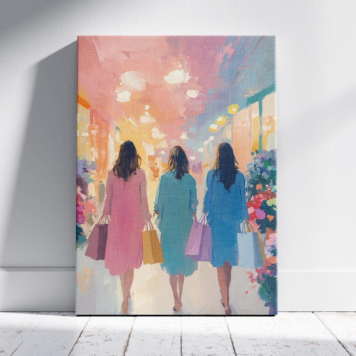 Three Women With Shopping Bags Walking Through A Bright Mall Poster