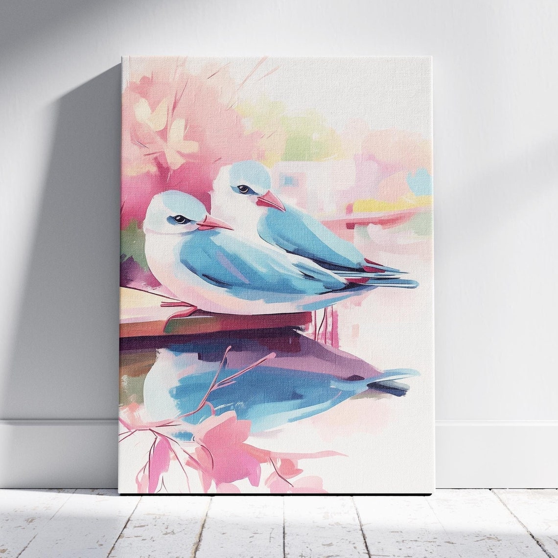 Two Bluebirds Cuddling on Dock Water Reflection Bird Art Poster