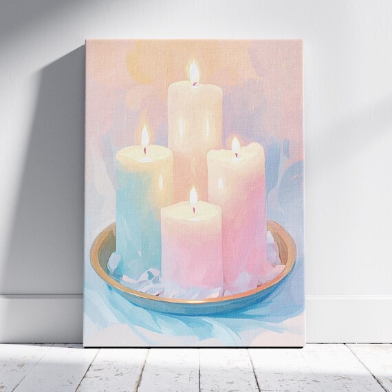 Four Lit Pastel Pillar Candles On A Gold Tray Cozy Glow Art Poster