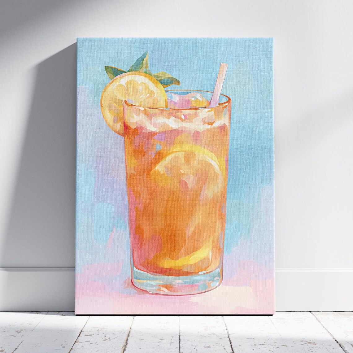 Iced Lemon Tea Tall Glass Mint Straw Refreshing Summer Drink Pastel Wall Art