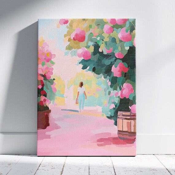 Woman Walking Rose Garden Path Pink Blooms Spring Wall Art Print