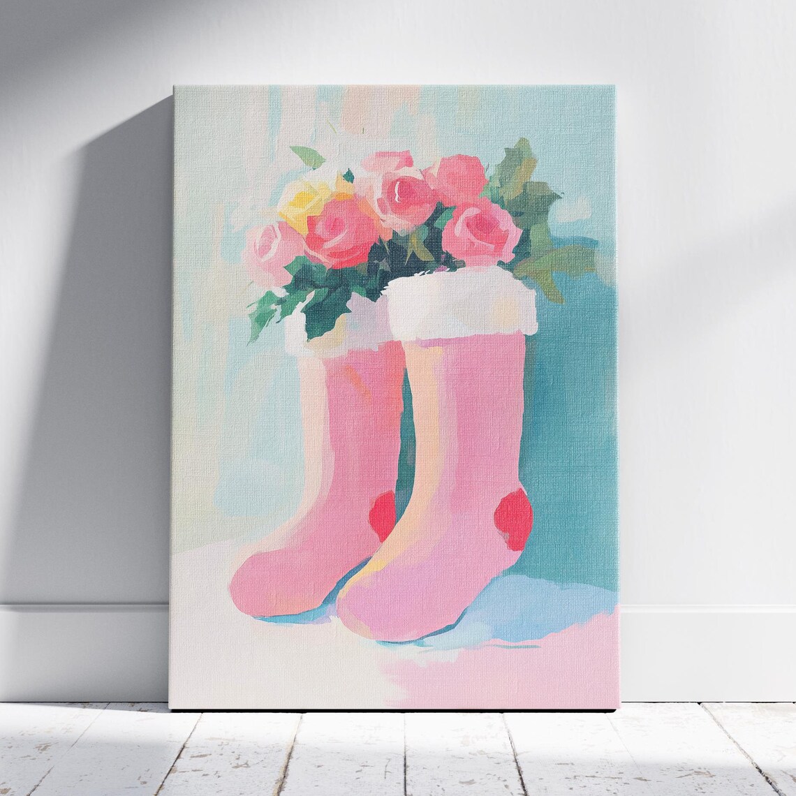 Pink Boots Red Hearts Rose Bouquet Sweet Floral Still Life Poster