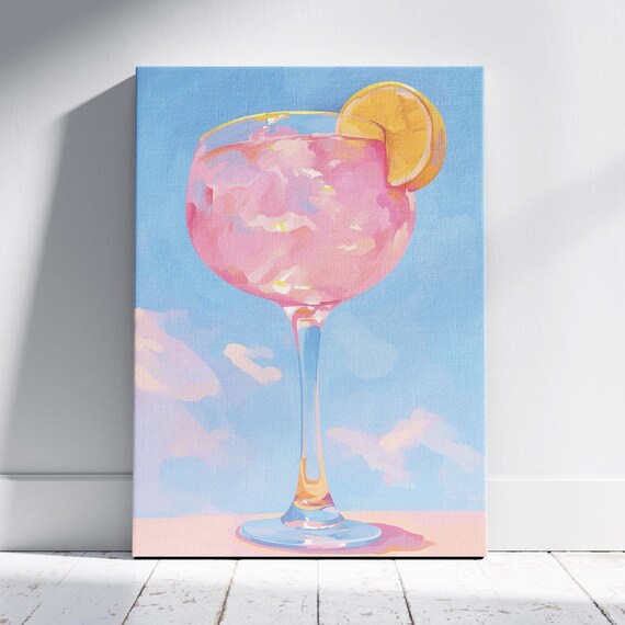 Pink Cocktail Balloon Glass Lemon Slice Bright Blue Sky Summer Drink Wall Art