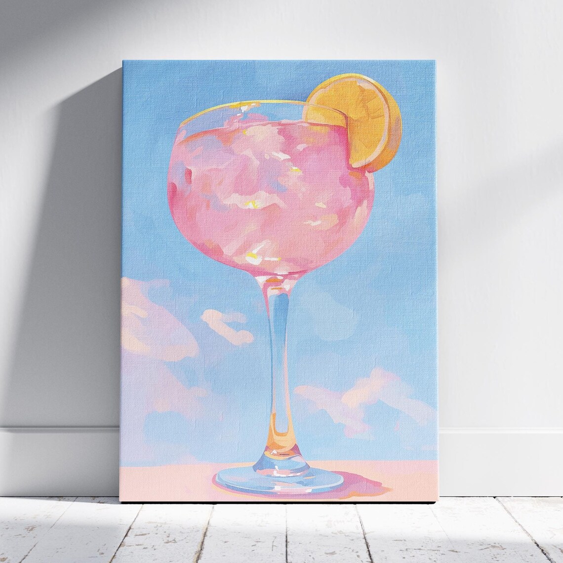 Pink Cocktail Balloon Glass Lemon Slice Bright Blue Sky Summer Drink Wall Art