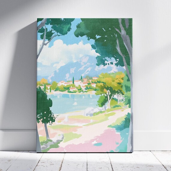 Mediterranean Coastal Town Across Turquoise Bay Trees Pastel View Poster