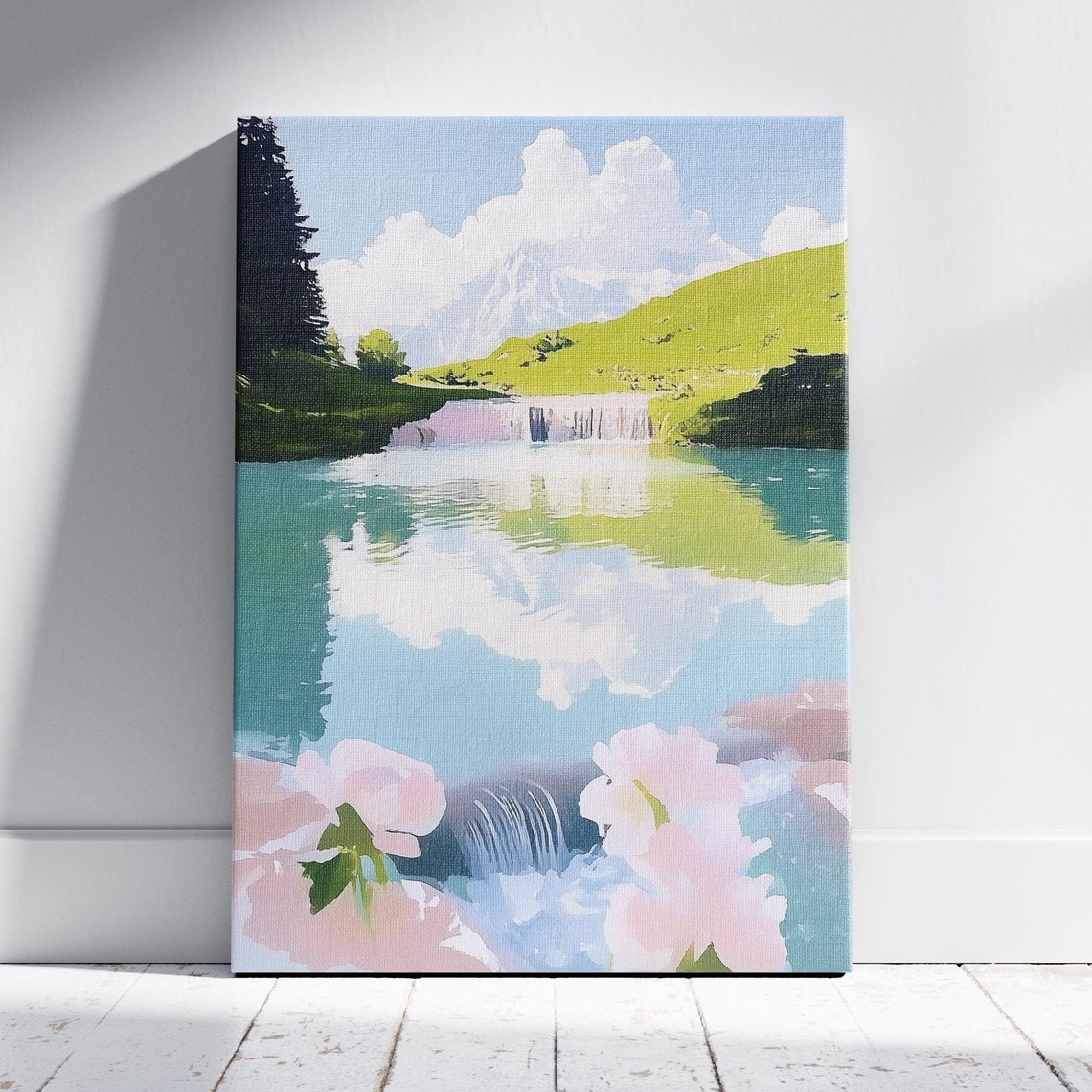 Mountain Lake Waterfall Reflection Alpine Meadow Nature Poster