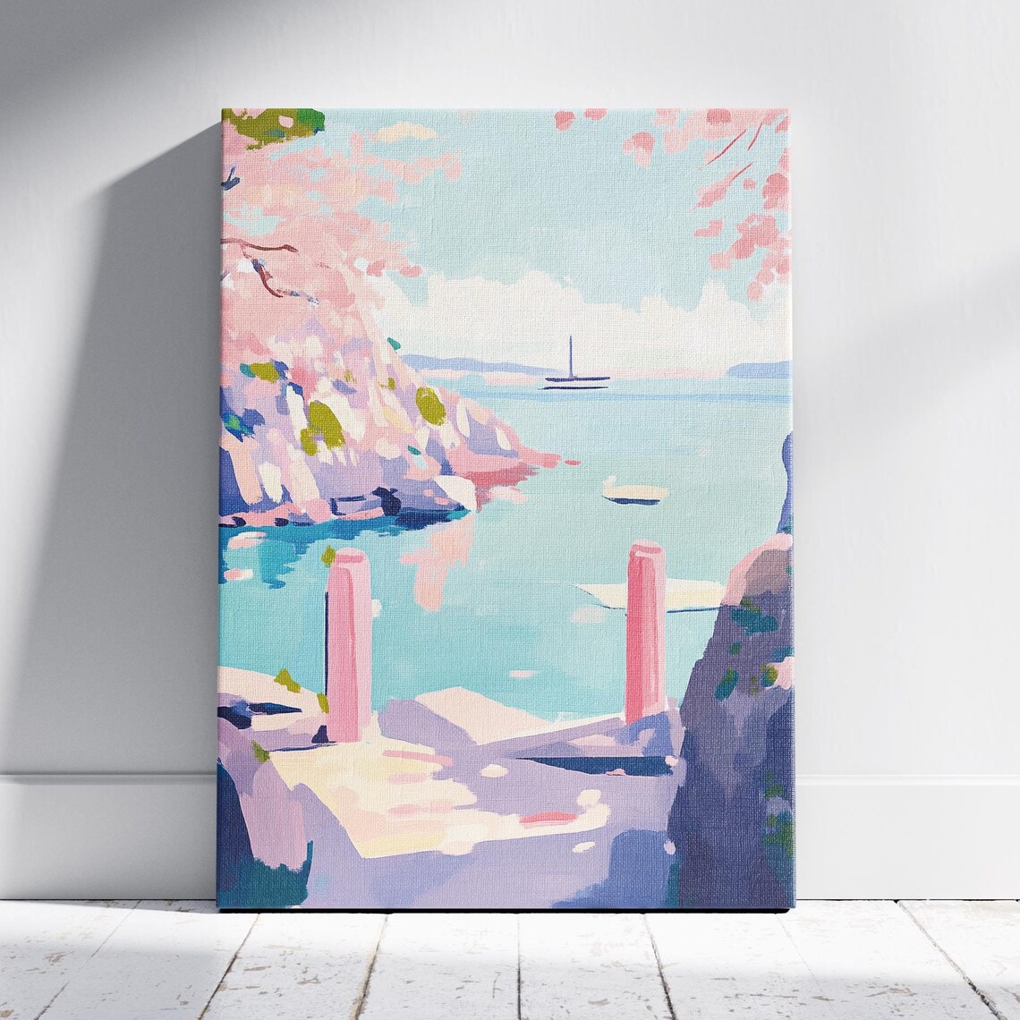 Cherry Blossom Cove Sailboat Pink Coastal Bay Wall Art Print