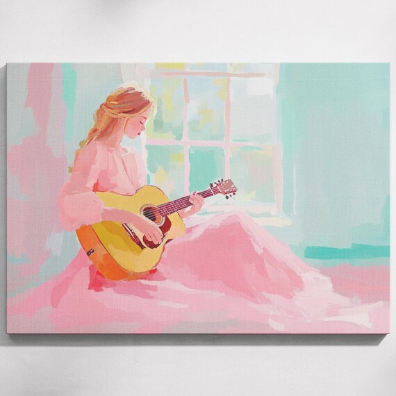 Girl In Pink Dress Playing Acoustic Guitar By Window Pastel Art Poster
