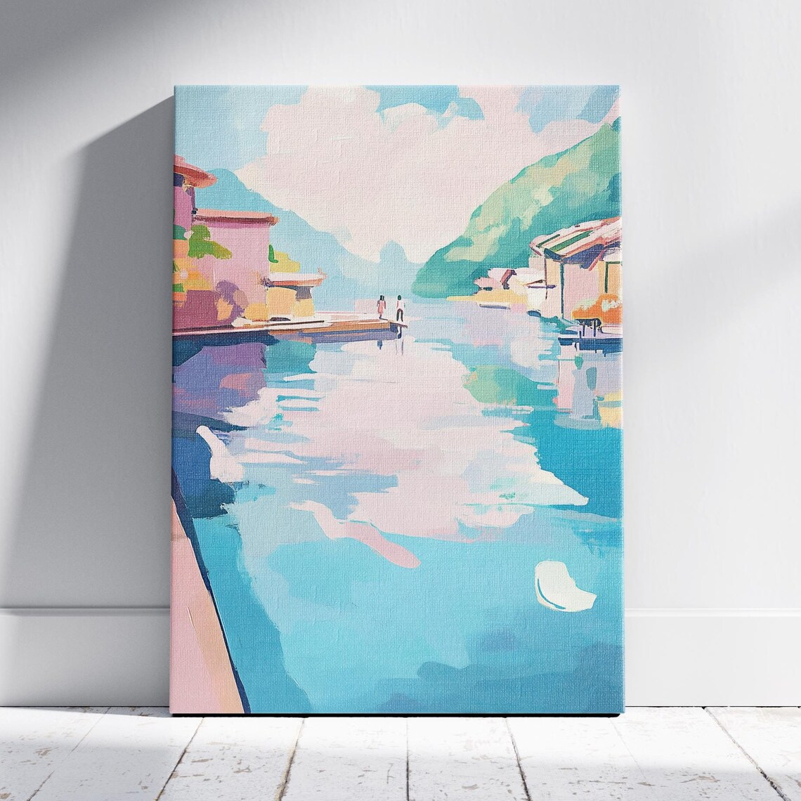 Couple on Dock in Colorful Lakeside Village Canal Pastel Travel Poster