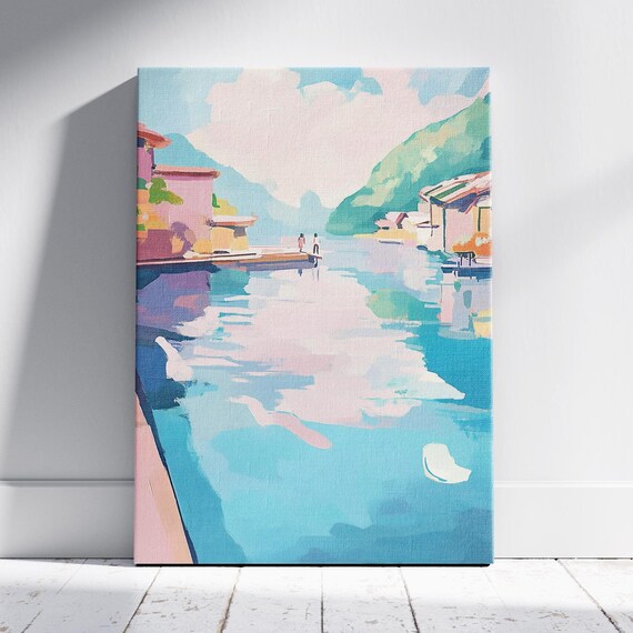 Couple on Dock in Colorful Lakeside Village Canal Pastel Travel Poster