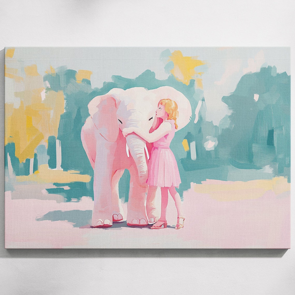 Little Girl Hugging Pink Baby Elephant Cute Pastel Nursery Wall Poster