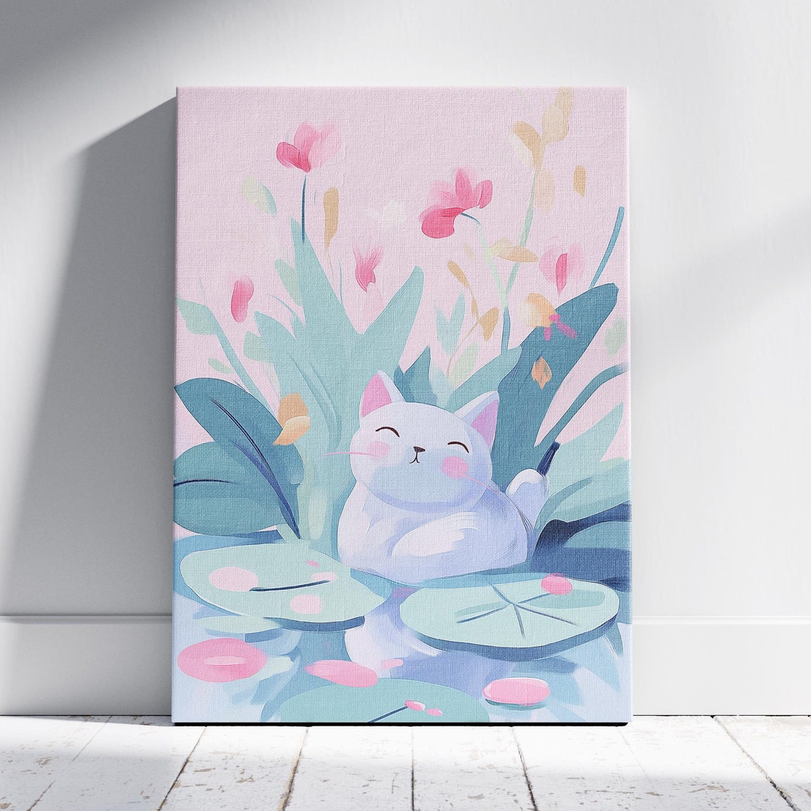 Cute White Cat on Lily Pads Pink Flowers Kawaii Wall Art Print