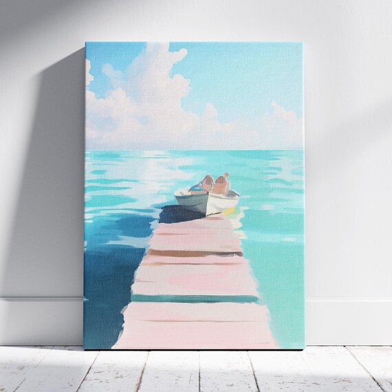 Wooden Dock With Rowboat Over Turquoise Water Peaceful Poster