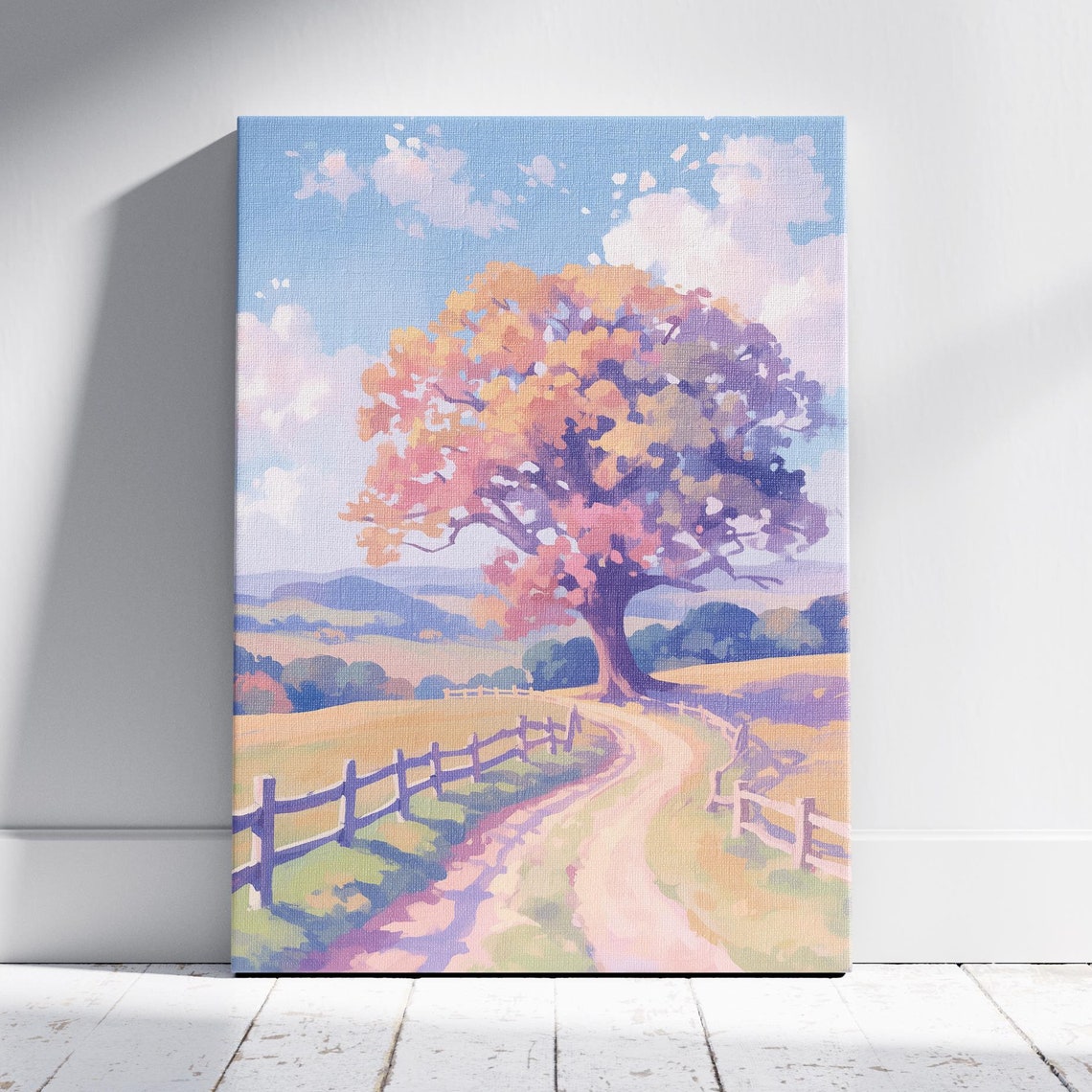 Charming Landscape Tree Art Footpath Fence Print Watercolor Rustic Tree Decor Peaceful Footpath Art Wall Art Prints